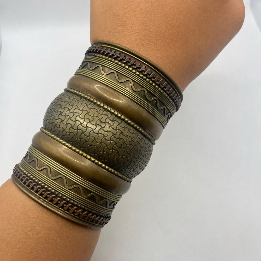 Vintage Mixed Metal Wide Cuff Bracelet Brass Copper Boho Statement Textured 4in
